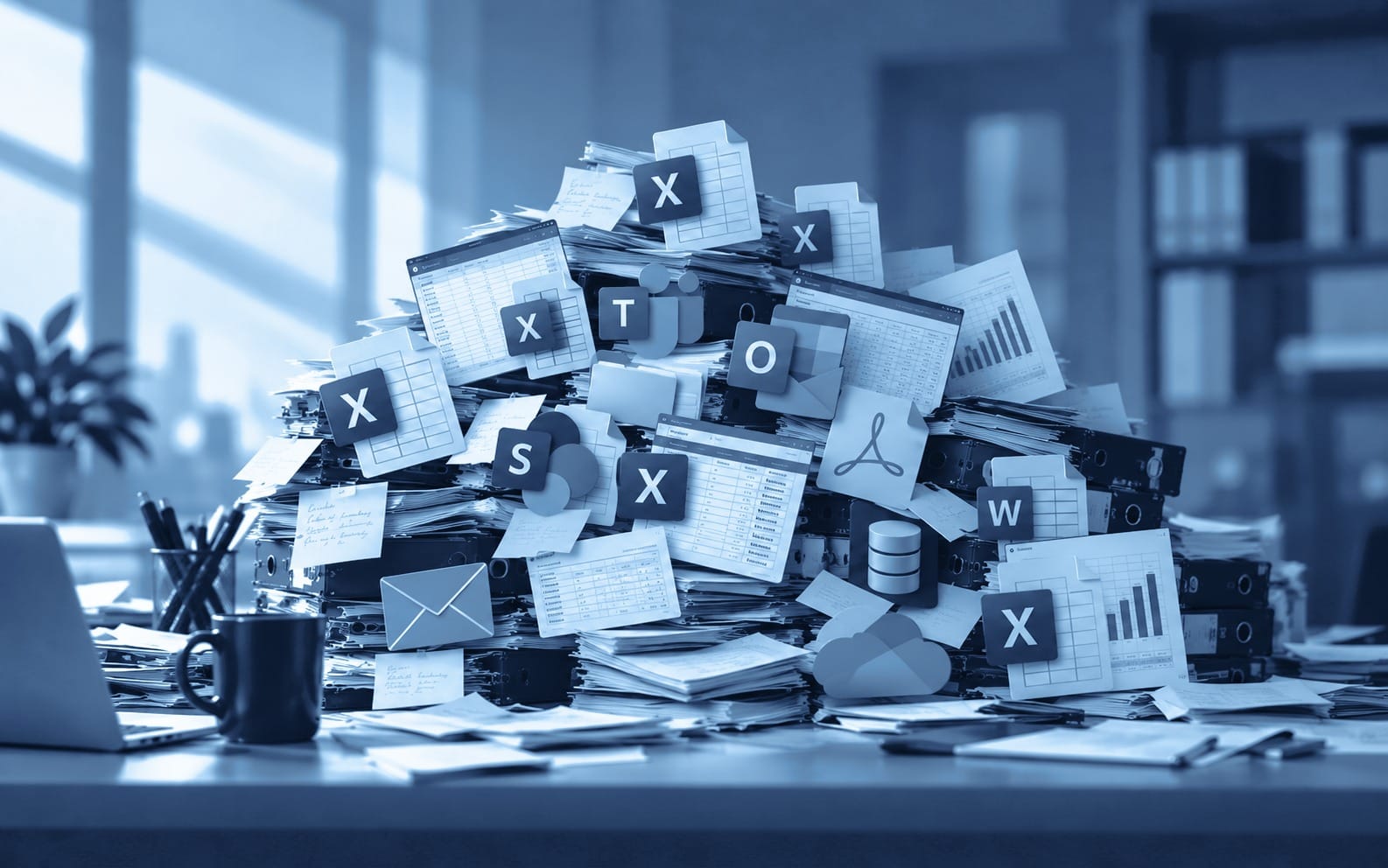 Sterta arkuszy Excel, dokumentów i ikon aplikacji na biurku – ilustracja Shadow IT w firmie
